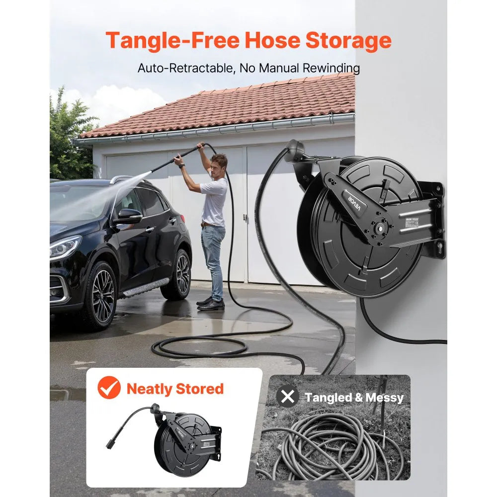 VEVOR Pressure Washer Hose Reel, 50 ft x 3/8 inch Retractable Power Heavy-Duty Steel Washer Hose Reel, 4000PSI Max, Auto-Rewinding, Flexible Wall/Floor Mounted for Car Washing,Garden,Floor Cleaning