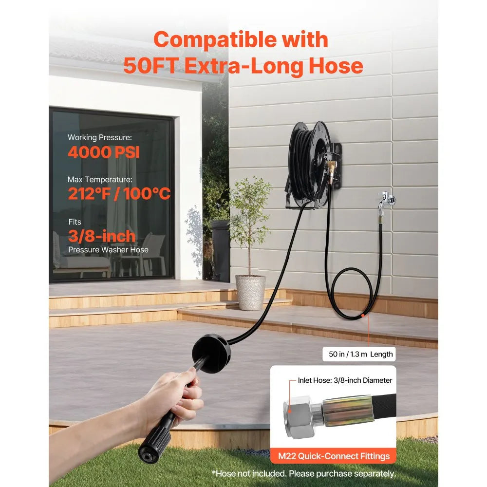 VEVOR Pressure Washer Hose Reel, 50 ft x 3/8 inch Retractable Power Heavy-Duty Steel Washer Hose Reel, 4000PSI Max, Auto-Rewinding, Flexible Wall/Floor Mounted for Car Washing,Garden,Floor Cleaning