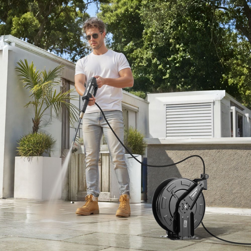VEVOR Pressure Washer Hose Reel, 50 ft x 3/8 inch Retractable Power Heavy-Duty Steel Washer Hose Reel, 4000PSI Max, Auto-Rewinding, Flexible Wall/Floor Mounted for Car Washing,Garden,Floor Cleaning