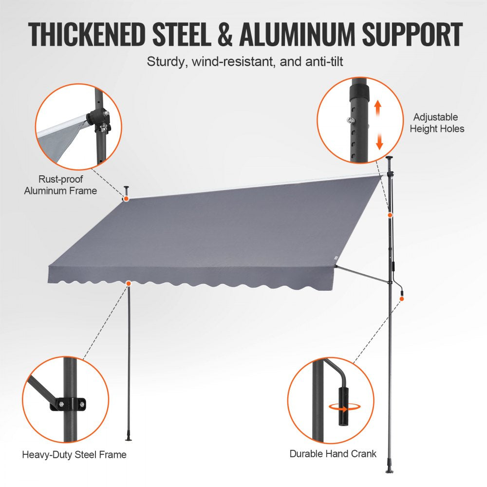 VEVOR 138 x 47" Patio Awning Retractable, Awning Sunshade Shelter with Manual Crank Handle, Outdoor Patio Canopy Sunsetter Deck, Adjustable Height from 86 to 122 in, for Patio/Balcony/Yard, Dark Gray