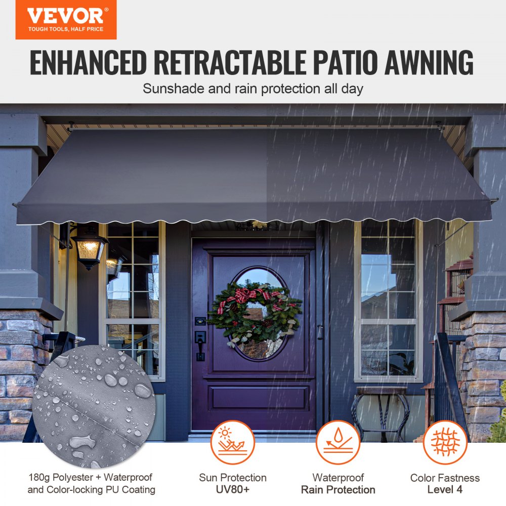 VEVOR 178 x 47" Patio Awning Retractable, Awning Sunshade Shelter with Manual Crank Handle, Outdoor Patio Canopy Sunsetter Deck, Adjustable Height from 86 to 122 in, for Patio/Balcony/Yard, Dark Gray