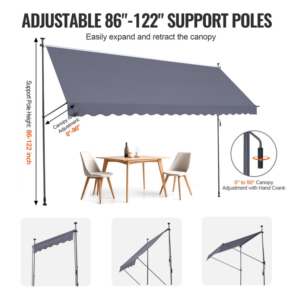 VEVOR 178 x 47" Patio Awning Retractable, Awning Sunshade Shelter with Manual Crank Handle, Outdoor Patio Canopy Sunsetter Deck, Adjustable Height from 86 to 122 in, for Patio/Balcony/Yard, Dark Gray