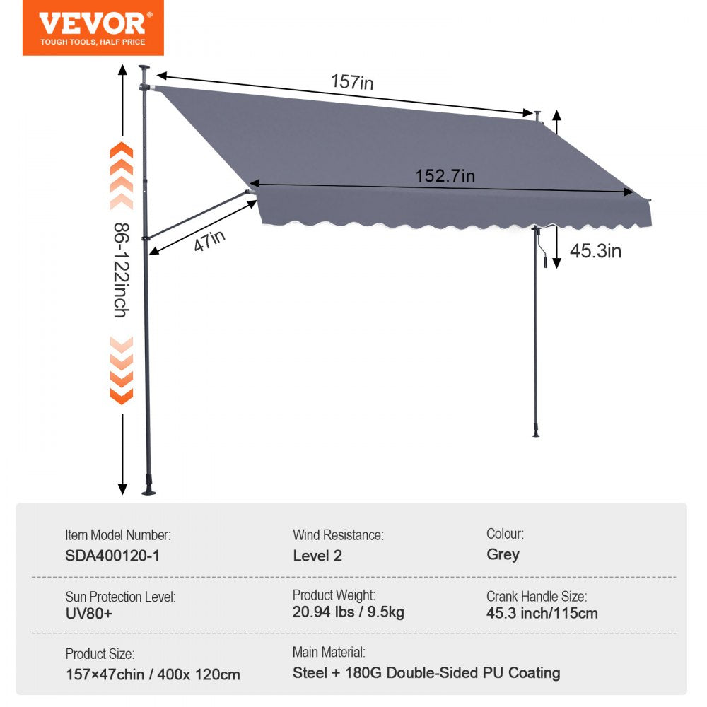 VEVOR 157 x 47" Patio Awning Retractable, Awning Sunshade Shelter with Manual Crank Handle, Outdoor Patio Canopy Sunsetter Deck, Adjustable Height from 86 to 122 in, for Patio/Balcony/Yard, Dark Gray