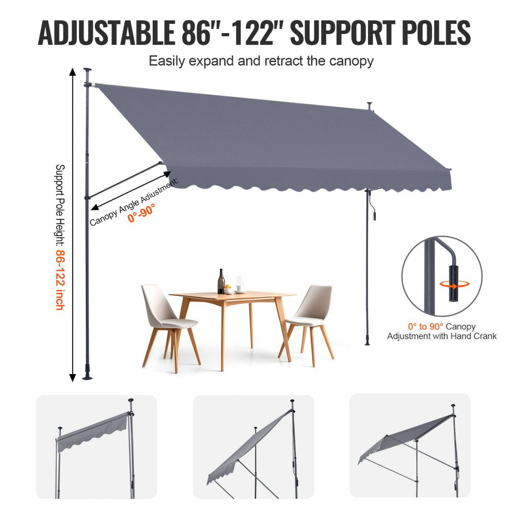 VEVOR 157 x 47" Patio Awning Retractable, Awning Sunshade Shelter with Manual Crank Handle, Outdoor Patio Canopy Sunsetter Deck, Adjustable Height from 86 to 122 in, for Patio/Balcony/Yard, Dark Gray