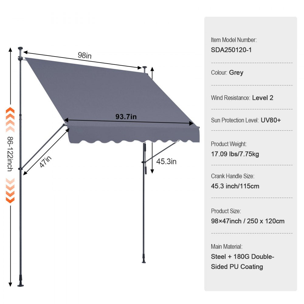 VEVOR 98 x 47" Patio Awning Retractable, Awning Sunshade Shelter with Manual Crank Handle, Outdoor Patio Canopy Sunsetter Deck, Adjustable Height from 86 to 122 in, for Patio/Balcony/Yard, Dark Gray
