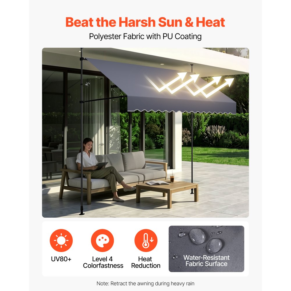 VEVOR Manual Retractable Awning, 118" Outdoor Retractable Patio Awning Sunshade Shelter, Height Adjustable Patio Door Window Canopy with Manual Crank Handle for Backyard, Garden, Balcony, Dark Gray