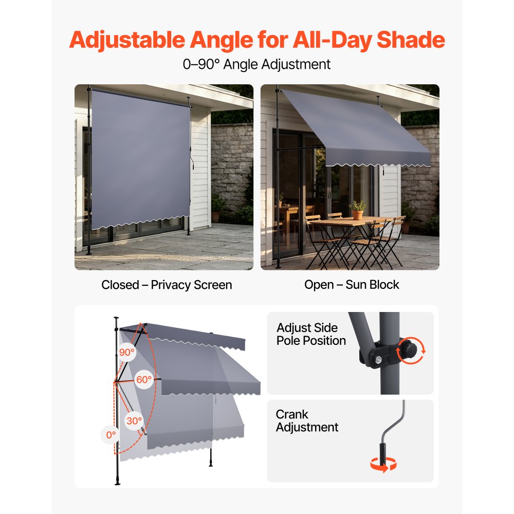 VEVOR Manual Retractable Awning, 118" Outdoor Retractable Patio Awning Sunshade Shelter, Height Adjustable Patio Door Window Canopy with Manual Crank Handle for Backyard, Garden, Balcony, Dark Gray