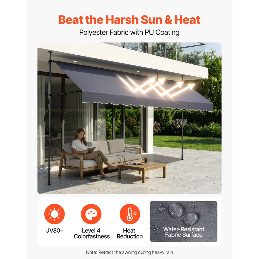 VEVOR Manual Retractable Awning, 157" Outdoor Retractable Patio Awning Sunshade Shelter, Height Adjustable Patio Door Window Canopy with Manual Crank Handle for Backyard, Garden, Balcony, Dark Gray
