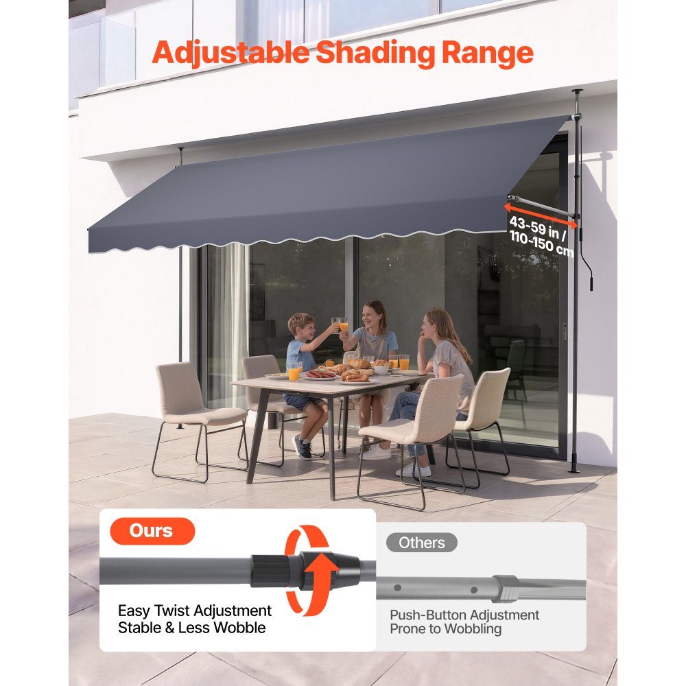 VEVOR Manual Retractable Awning, 157" Outdoor Retractable Patio Awning Sunshade Shelter, Height Adjustable Patio Door Window Canopy with Manual Crank Handle for Backyard, Garden, Balcony, Dark Gray