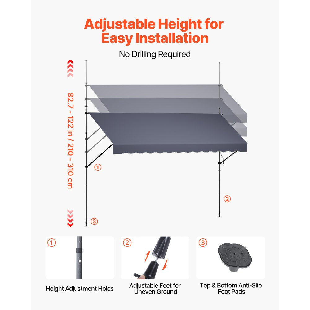 VEVOR Manual Retractable Awning, 157" Outdoor Retractable Patio Awning Sunshade Shelter, Height Adjustable Patio Door Window Canopy with Manual Crank Handle for Backyard, Garden, Balcony, Dark Gray