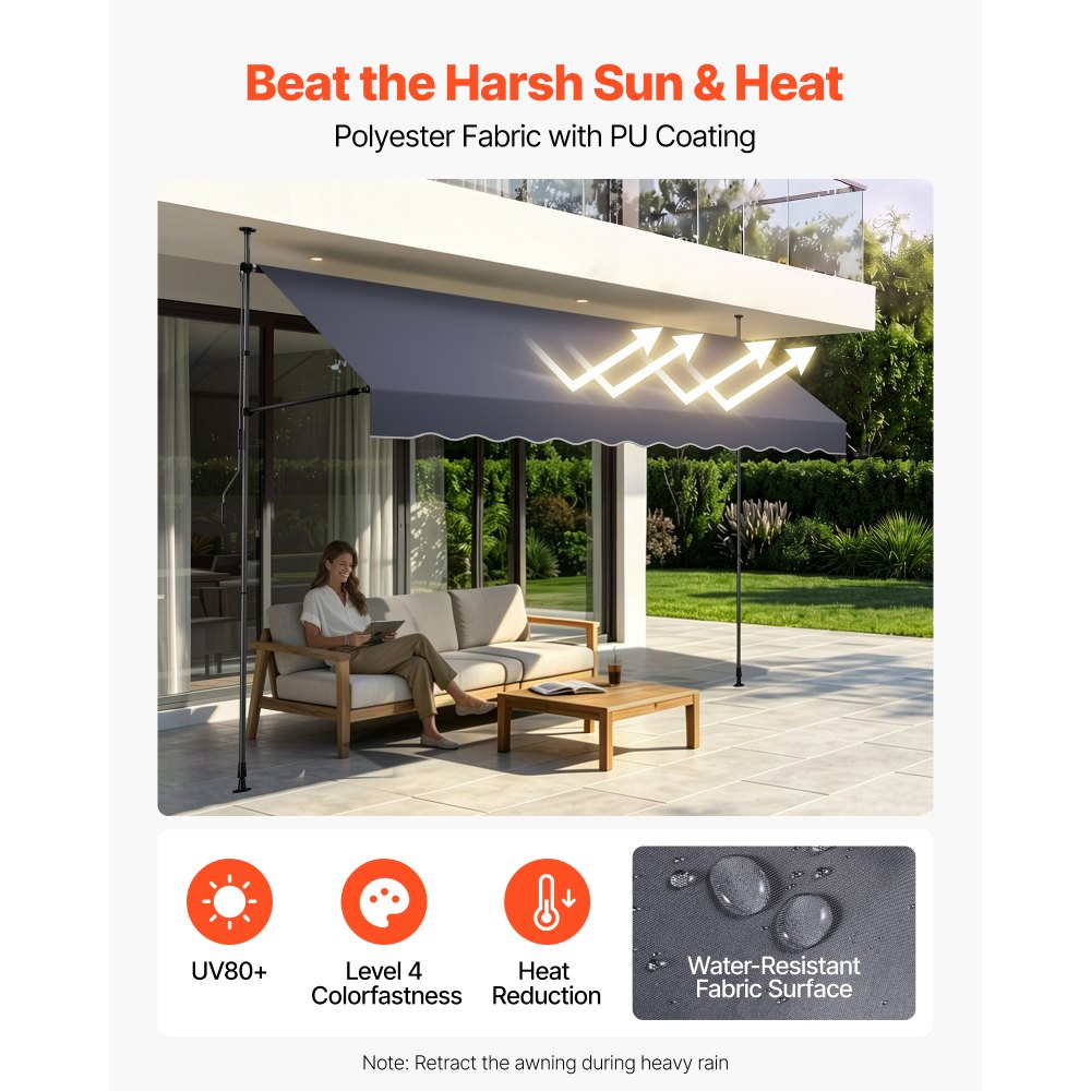 VEVOR Manual Retractable Awning, 138" Outdoor Retractable Patio Awning Sunshade Shelter, Height Adjustable Patio Door Window Canopy with Manual Crank Handle for Backyard, Garden, Balcony, Dark Gray