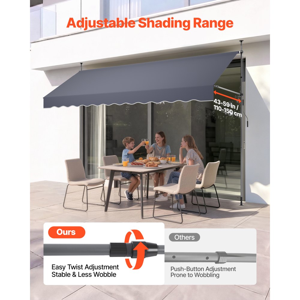 VEVOR Manual Retractable Awning, 138" Outdoor Retractable Patio Awning Sunshade Shelter, Height Adjustable Patio Door Window Canopy with Manual Crank Handle for Backyard, Garden, Balcony, Dark Gray