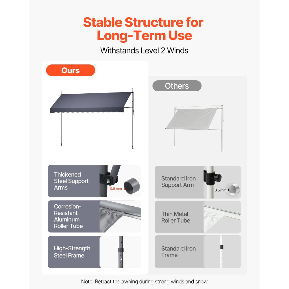 VEVOR Manual Retractable Awning, 138" Outdoor Retractable Patio Awning Sunshade Shelter, Height Adjustable Patio Door Window Canopy with Manual Crank Handle for Backyard, Garden, Balcony, Dark Gray