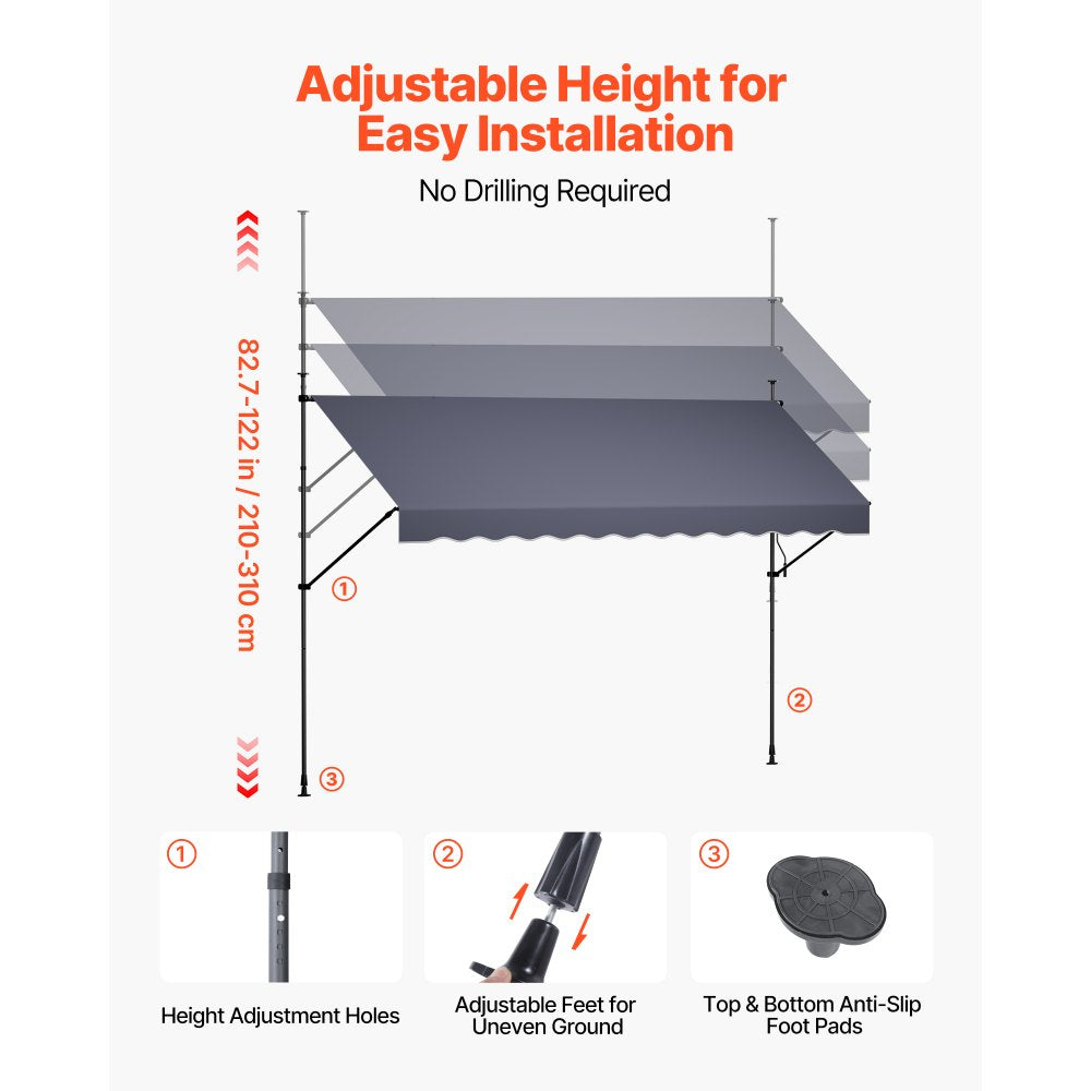 VEVOR Manual Retractable Awning, 138" Outdoor Retractable Patio Awning Sunshade Shelter, Height Adjustable Patio Door Window Canopy with Manual Crank Handle for Backyard, Garden, Balcony, Dark Gray