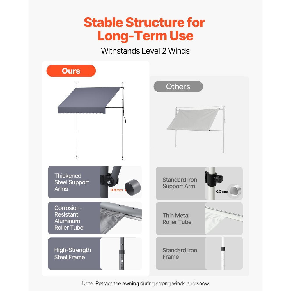 VEVOR Manual Retractable Awning, 59" Outdoor Retractable Patio Awning Sunshade Shelter, Height Adjustable Patio Door Window Canopy with Manual Crank Handle for Backyard, Garden, Balcony, Dark Gray