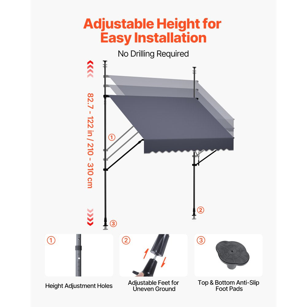 VEVOR Manual Retractable Awning, 59" Outdoor Retractable Patio Awning Sunshade Shelter, Height Adjustable Patio Door Window Canopy with Manual Crank Handle for Backyard, Garden, Balcony, Dark Gray