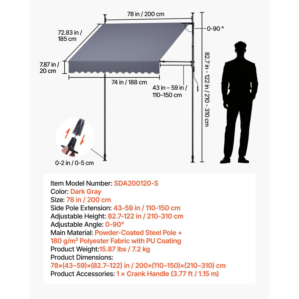 VEVOR Manual Retractable Awning, 78" Outdoor Retractable Patio Awning Sunshade Shelter, Height Adjustable Patio Door Window Canopy with Manual Crank Handle for Backyard, Garden, Balcony, Dark Gray