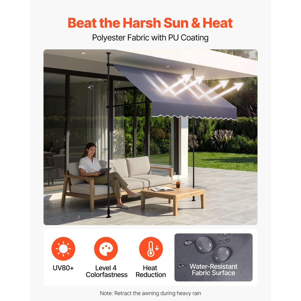 VEVOR Manual Retractable Awning, 78" Outdoor Retractable Patio Awning Sunshade Shelter, Height Adjustable Patio Door Window Canopy with Manual Crank Handle for Backyard, Garden, Balcony, Dark Gray