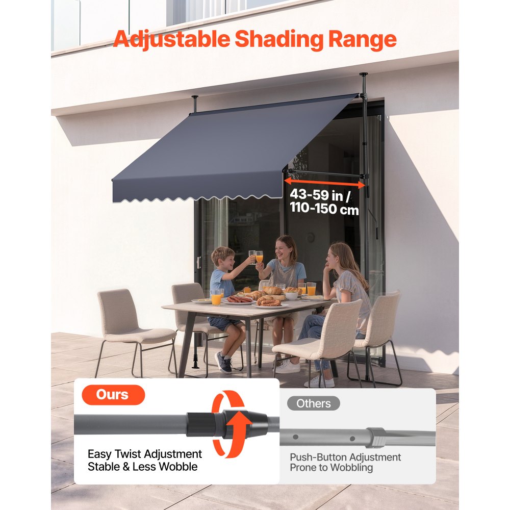 VEVOR Manual Retractable Awning, 78" Outdoor Retractable Patio Awning Sunshade Shelter, Height Adjustable Patio Door Window Canopy with Manual Crank Handle for Backyard, Garden, Balcony, Dark Gray