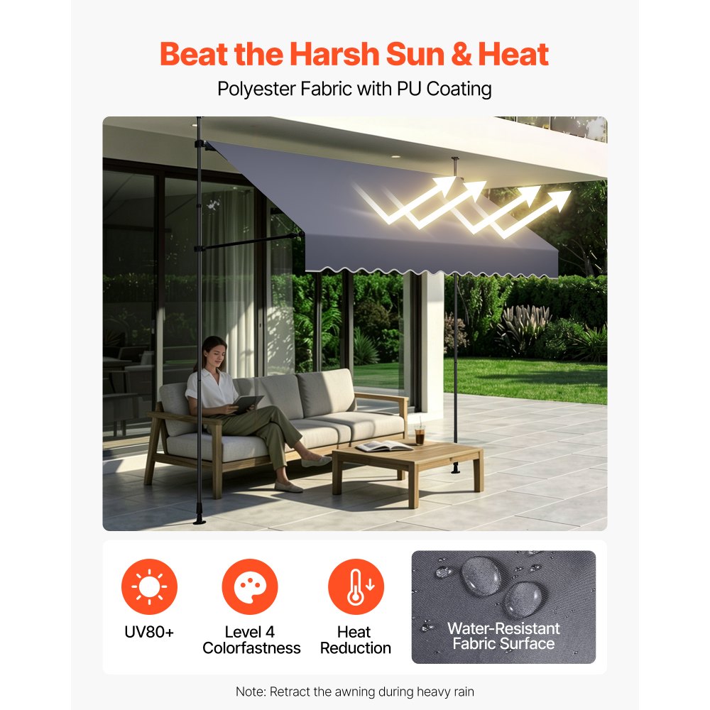 VEVOR Manual Retractable Awning, 98" Outdoor Retractable Patio Awning Sunshade Shelter, Height Adjustable Patio Door Window Canopy with Manual Crank Handle for Backyard, Garden, Balcony, Dark Gray