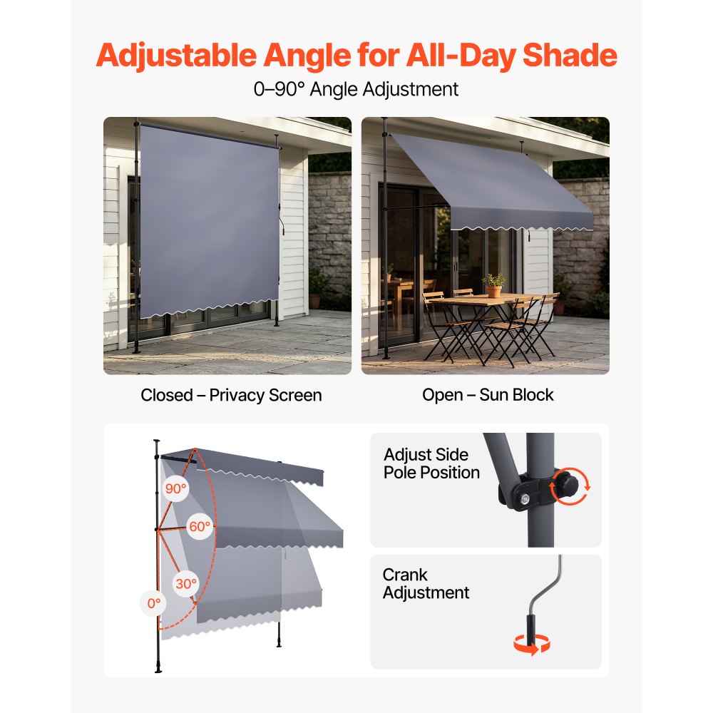 VEVOR Manual Retractable Awning, 98" Outdoor Retractable Patio Awning Sunshade Shelter, Height Adjustable Patio Door Window Canopy with Manual Crank Handle for Backyard, Garden, Balcony, Dark Gray
