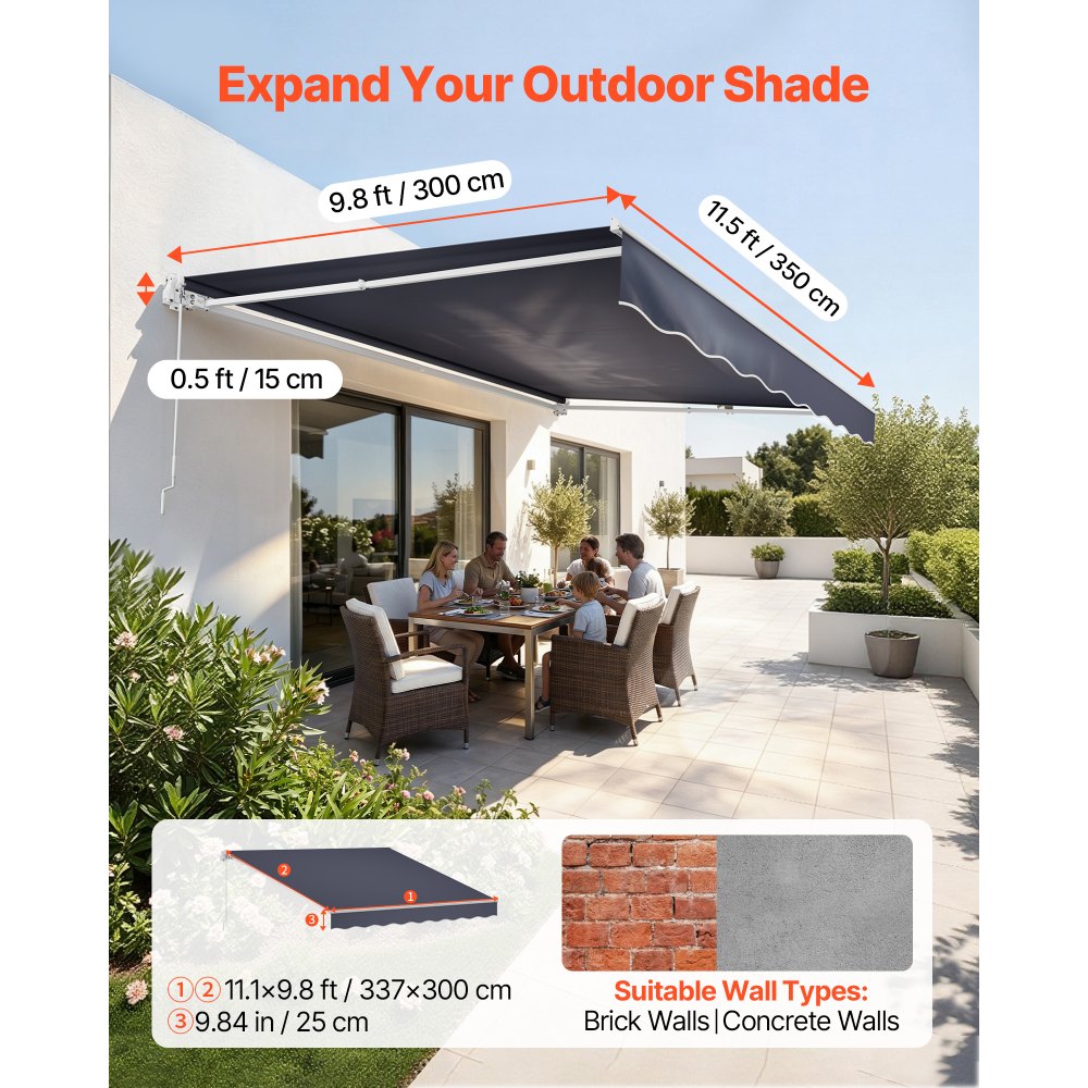 VEVOR Manual Retractable Awning, 11.5' x 9.8' Outdoor Patio Awning Retractable Sun Shade, Patio Door Window Water-Resistant Polyester Sunshade Shelter with Crank Handle for Deck, Balcony, Yard, Gray