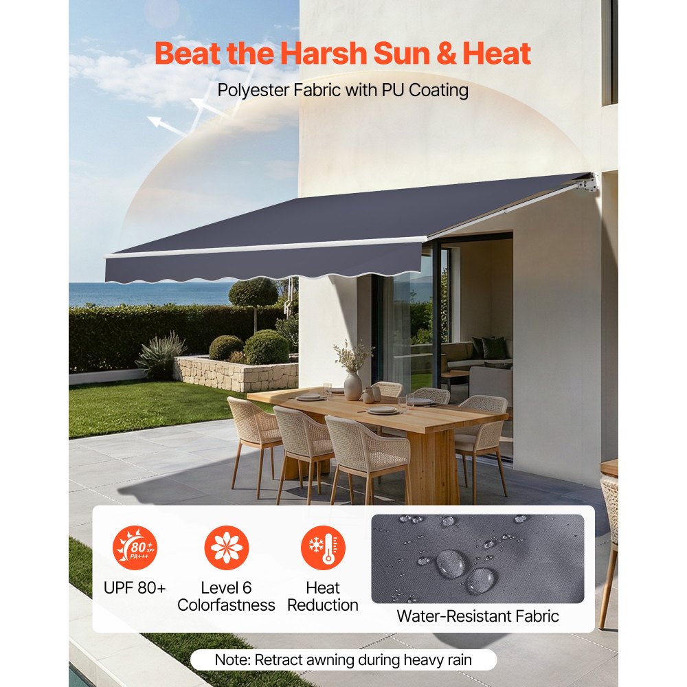VEVOR Manual Retractable Awning, 11.5' x 9.8' Outdoor Patio Awning Retractable Sun Shade, Patio Door Window Water-Resistant Polyester Sunshade Shelter with Crank Handle for Deck, Balcony, Yard, Gray