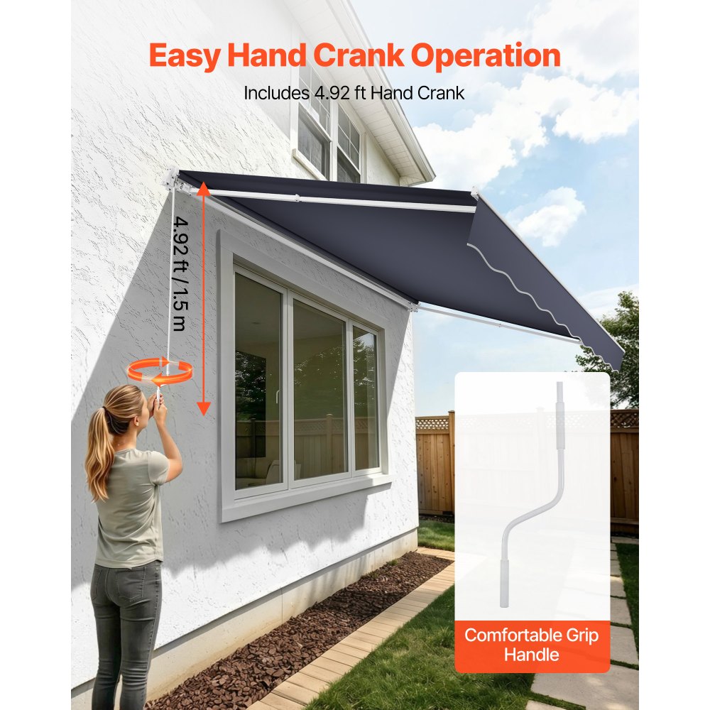 VEVOR Manual Retractable Awning, 11.5' x 9.8' Outdoor Patio Awning Retractable Sun Shade, Patio Door Window Water-Resistant Polyester Sunshade Shelter with Crank Handle for Deck, Balcony, Yard, Gray
