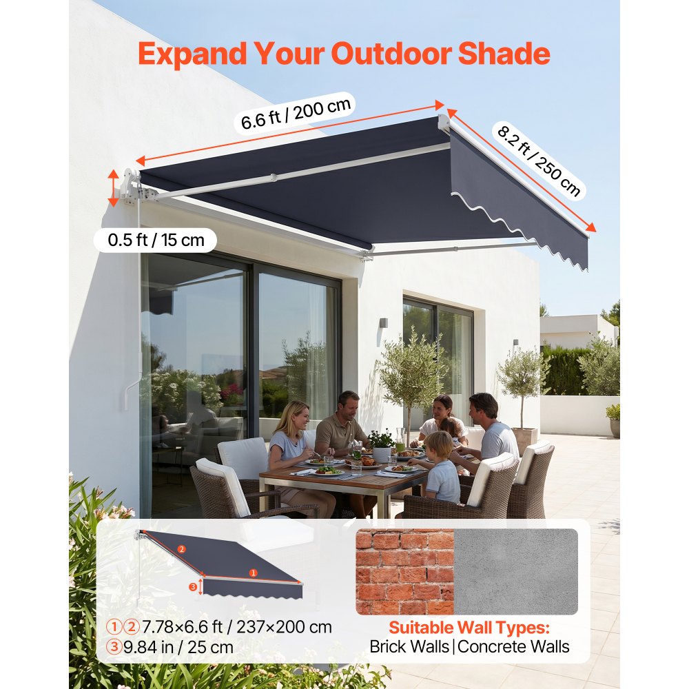 VEVOR Manual Retractable Awning, 8.2' x 6.6' Outdoor Patio Awning Retractable Sun Shade, Patio Door Window Water-Resistant Polyester Sunshade Shelter with Crank Handle for Deck, Balcony, Yard, Gray