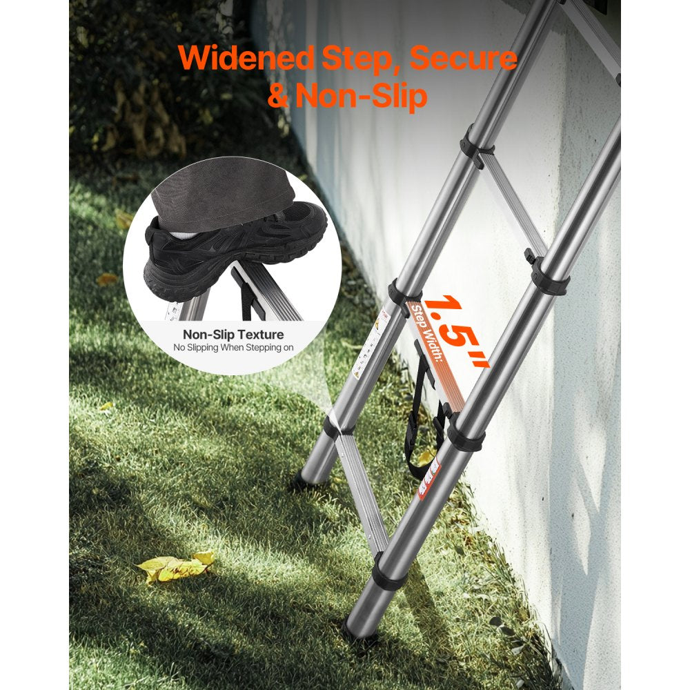 VEVOR Telescoping Ladder, 8.5ft Stainless Steel Lightweight Extension Ladder, Multi-Button Retraction Collapsible Ladders, 330LBS Capacity & Non-Slip Feet, Portable 9-Step Ladders for Home, RV, Loft