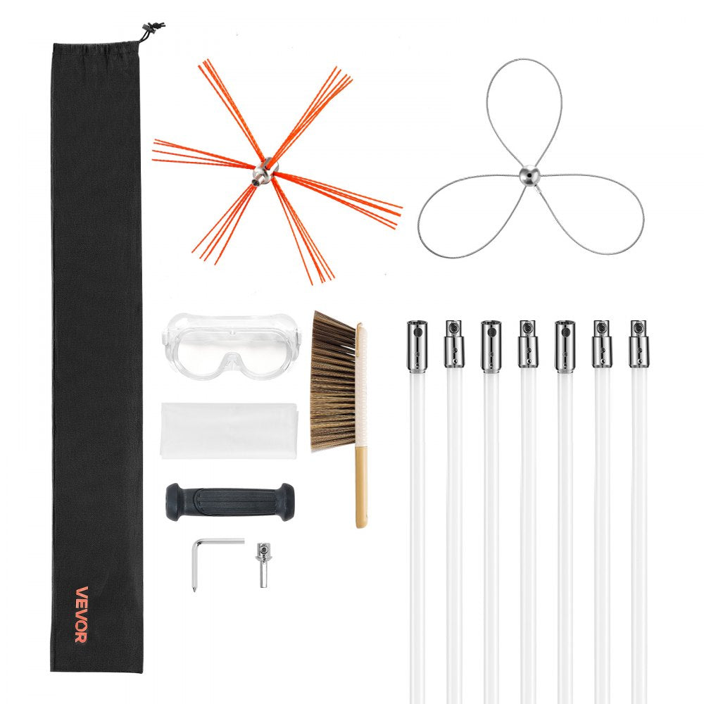 VEVOR Chimney Sweep Kit, 23 ft Maximum Extendable Length Chimney Brush, Chimney Cleaner Sweeper with Dual Brush Heads, Brush & Goggles, Fireplace Cleaning Tool for Square, Rectangle, Arch Chimneys
