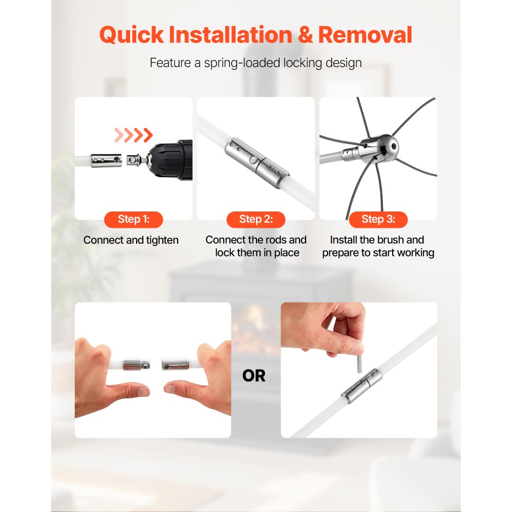 VEVOR Chimney Sweep Kit, 39 ft Maximum Extendable Length Chimney Brush, Chimney Cleaner Sweeper with Dual Brush Heads & Bristle Replacements, Fireplace Cleaning Tool for Square, Rectangle Chimneys