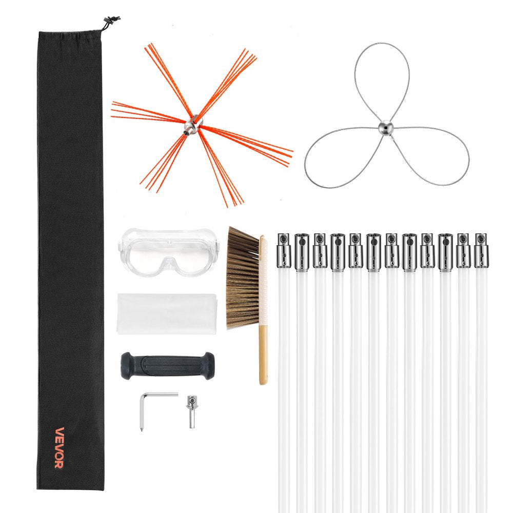 VEVOR Chimney Sweep Kit, 39 ft Maximum Extendable Length Chimney Brush, Chimney Cleaner Sweeper with Dual Brush Heads & Bristle Replacements, Fireplace Cleaning Tool for Square, Rectangle Chimneys