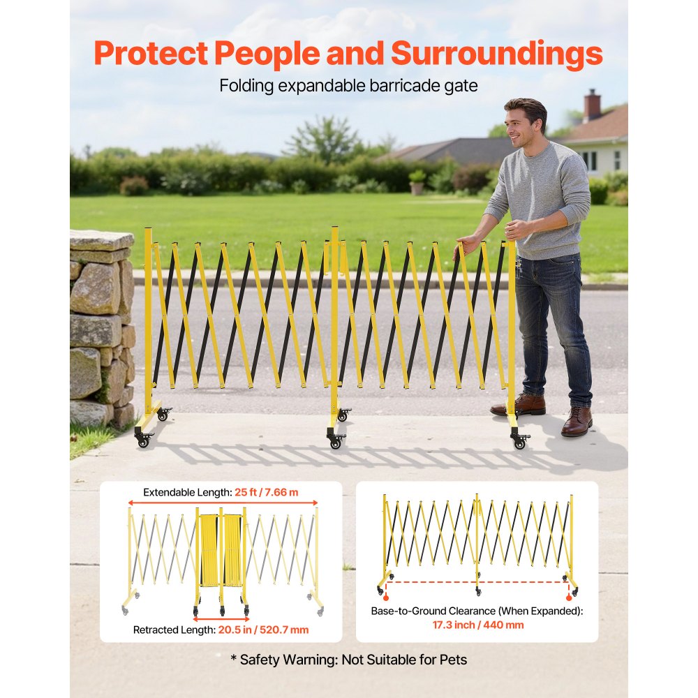 VEVOR Double Expandable Barricades, 25FT Industrial Safety Barriers, Flexible Mobile Barricade with Locking Casters, Portable Folding Security Gate Metal Traffic Fence for Driveway Warehouse Elevator