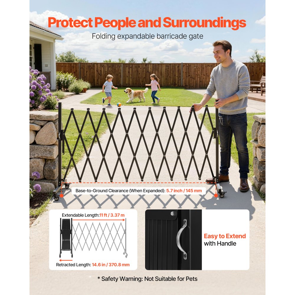 VEVOR Expandable Barricade, 11FT Expandable Safety Barrier, Flexible Mobile Barricade with Locking Casters, Portable Folding Security Gate Metal Traffic Fence for Patio Garden Stairway