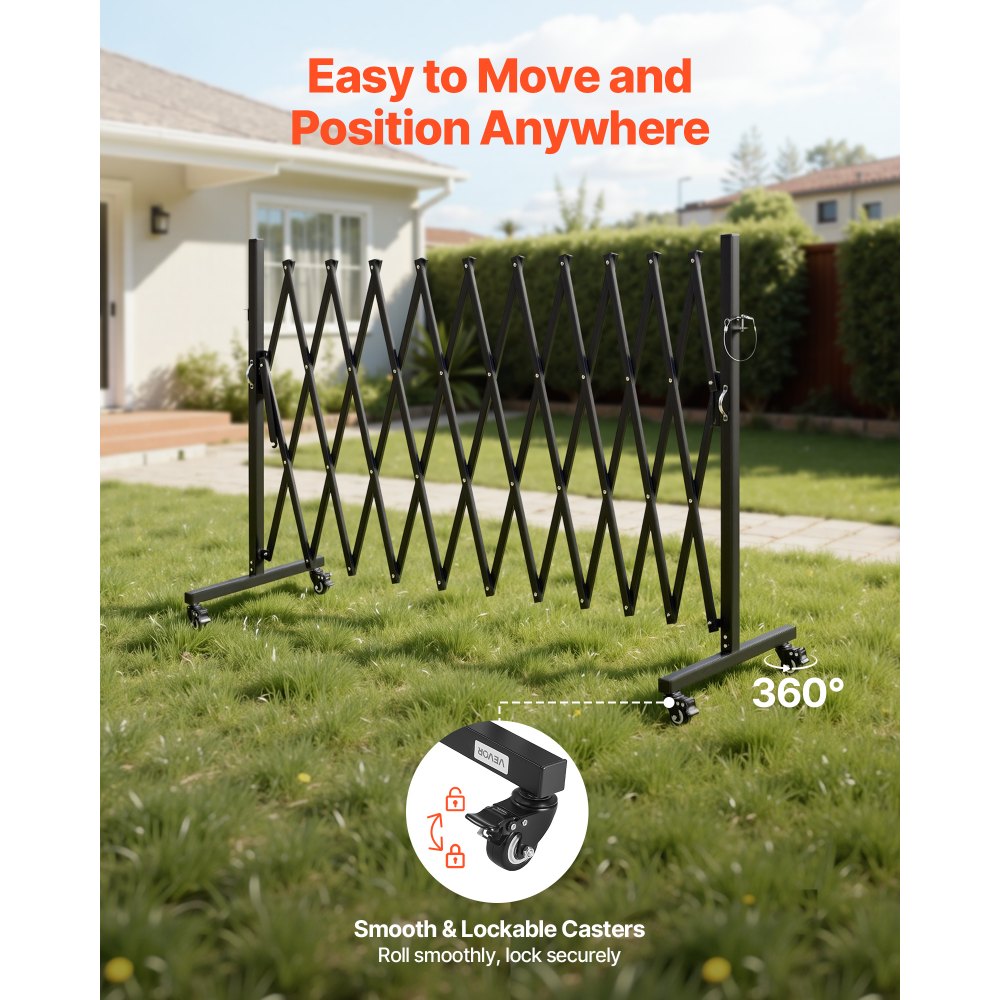 VEVOR Expandable Barricade, 11FT Expandable Safety Barrier, Flexible Mobile Barricade with Locking Casters, Portable Folding Security Gate Metal Traffic Fence for Patio Garden Stairway