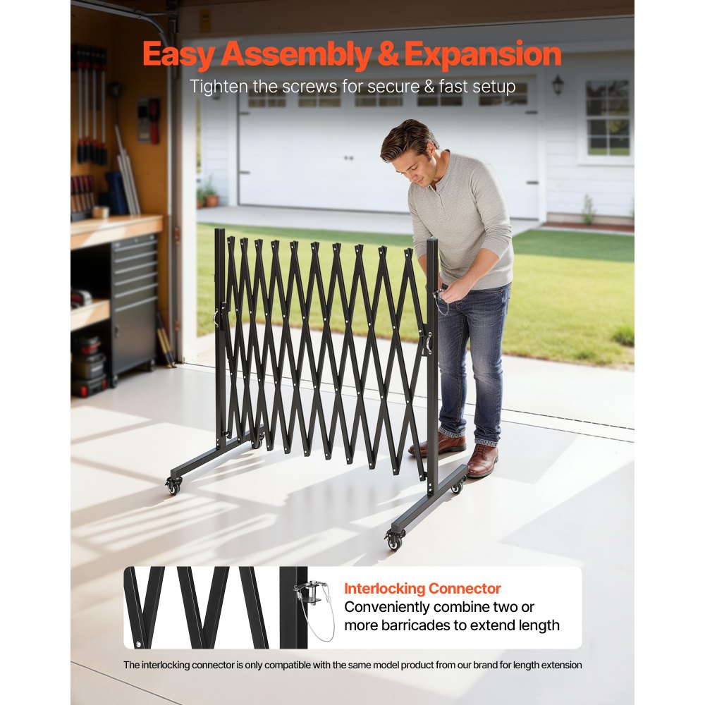 VEVOR Expandable Barricade, 11FT Expandable Safety Barrier, Flexible Mobile Barricade with Locking Casters, Portable Folding Security Gate Metal Traffic Fence for Patio Garden Stairway