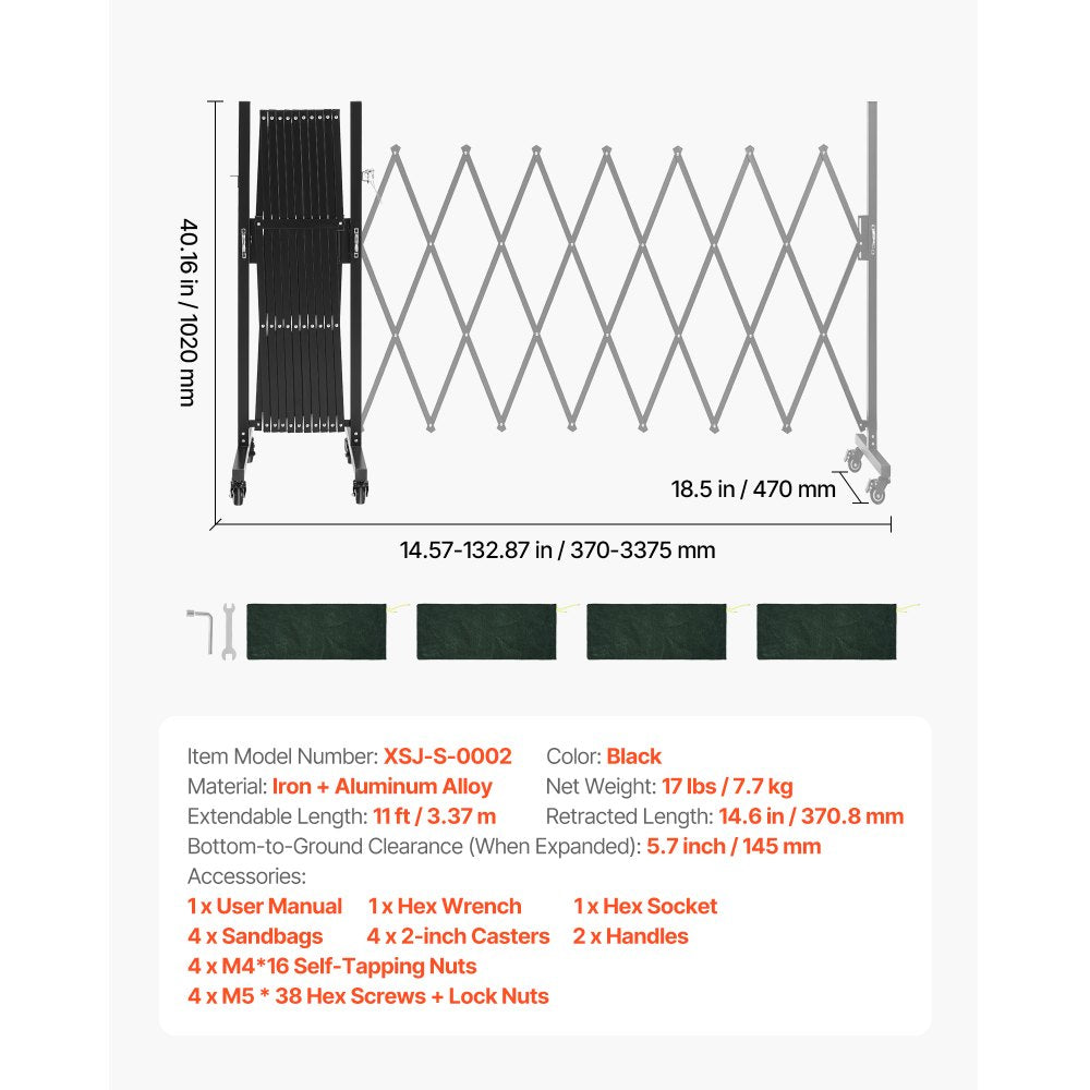 VEVOR Expandable Barricade, 11FT Expandable Safety Barrier, Flexible Mobile Barricade with Locking Casters, Portable Folding Security Gate Metal Traffic Fence for Patio Garden Stairway