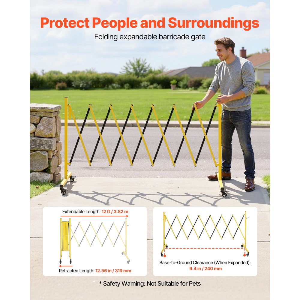 VEVOR Industrial Expandable Barricade, 12FT Expandable Safety Barrier, Flaxible Mobile Barricade with Locking Casters, Portable Folding Security Gate Traffic Fence for Driveway Warehouse Elevator