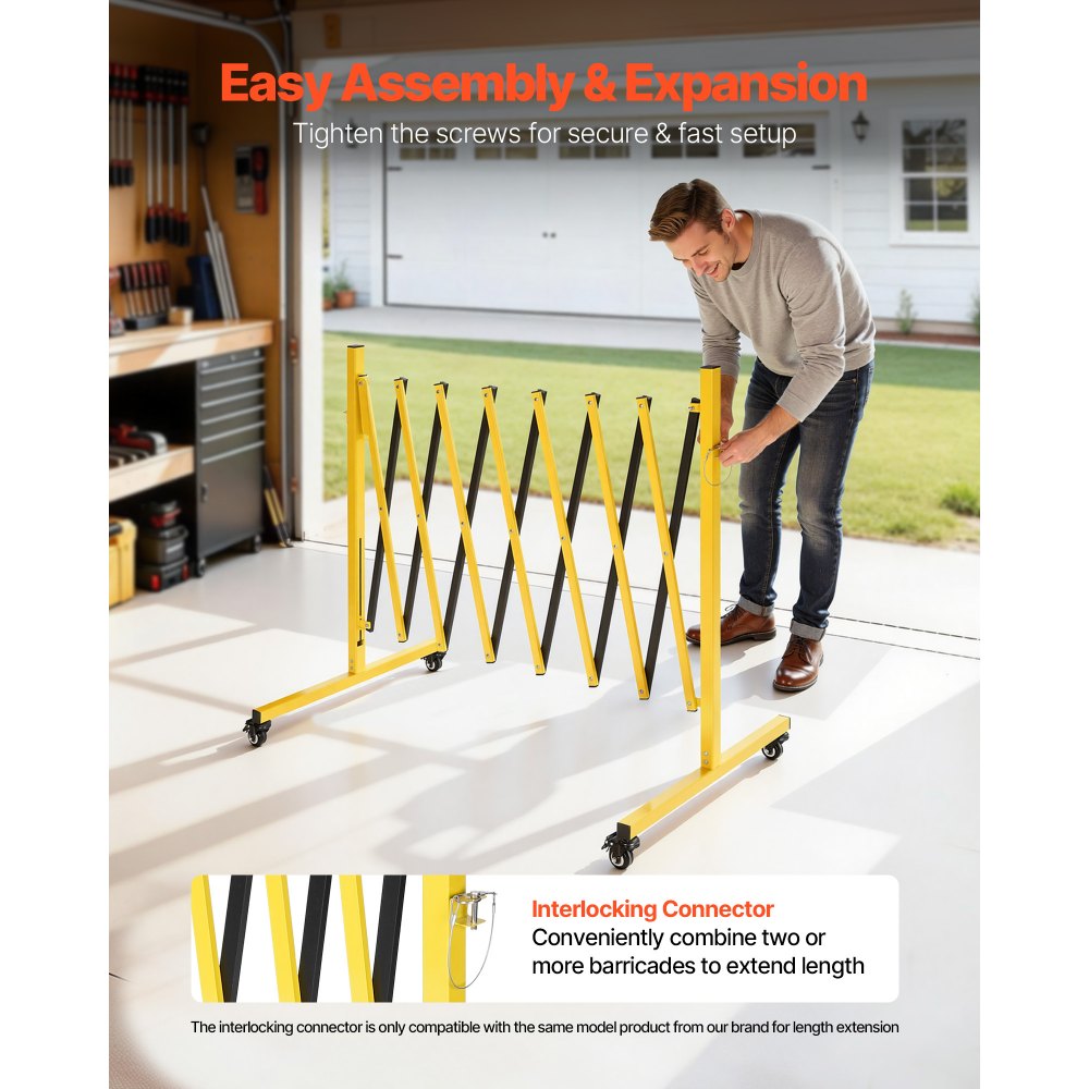 VEVOR Industrial Expandable Barricade, 12FT Expandable Safety Barrier, Flaxible Mobile Barricade with Locking Casters, Portable Folding Security Gate Traffic Fence for Driveway Warehouse Elevator