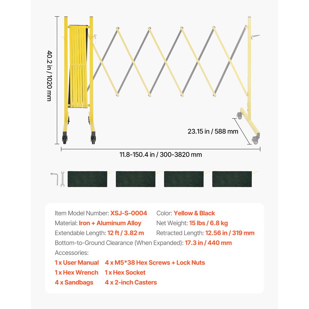 VEVOR Industrial Expandable Barricade, 12FT Expandable Safety Barrier, Flaxible Mobile Barricade with Locking Casters, Portable Folding Security Gate Traffic Fence for Driveway Warehouse Elevator