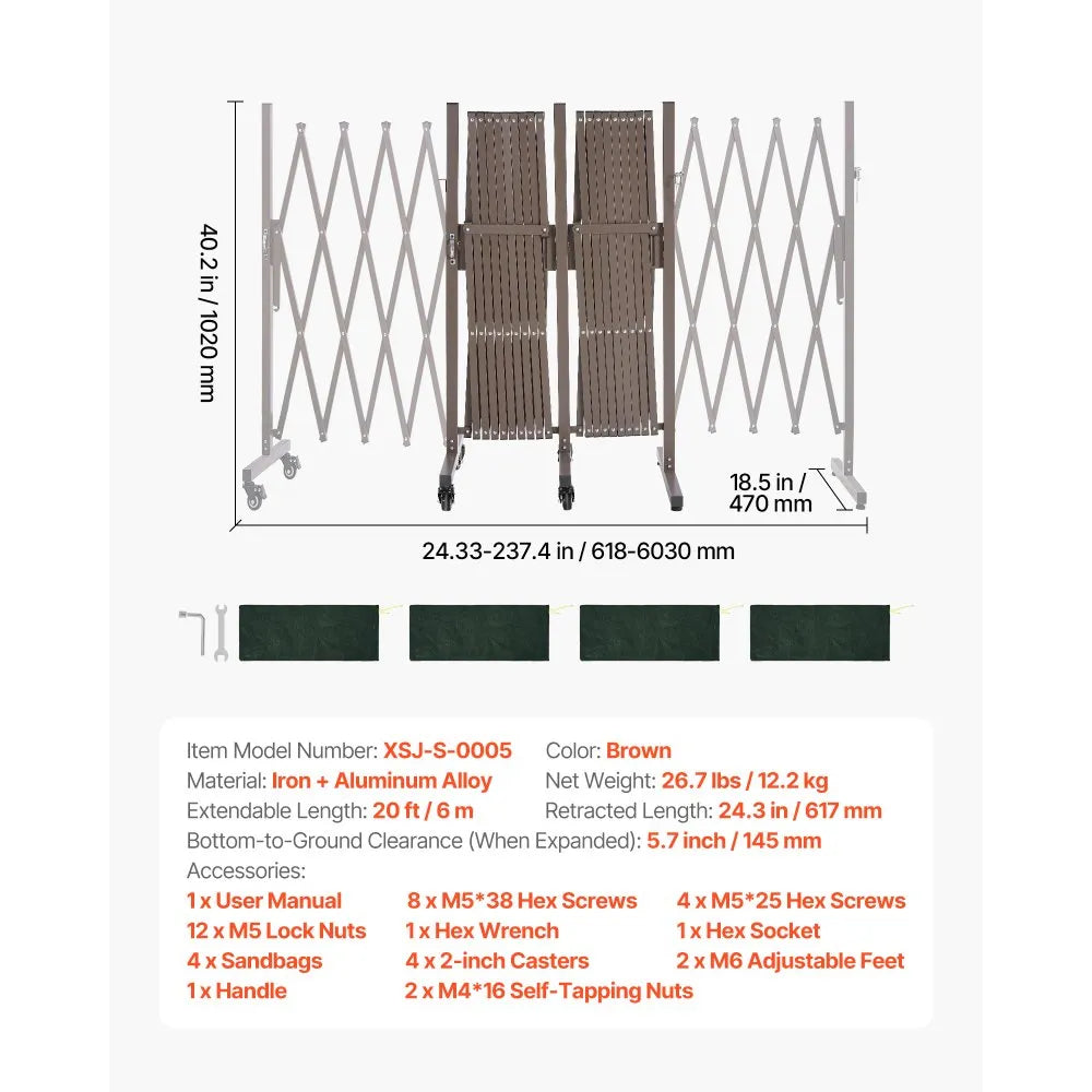 VEVOR Double Expandable Barricades, 20FT Expandable Safety Barrier, Flexible Mobile Barricade with Locking Casters, Portable Folding Security Gate Metal Traffic Fence for Patio Garden Stairway