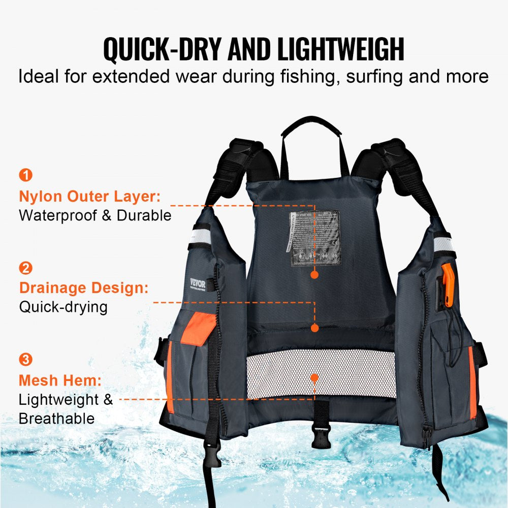 VEVOR Life Vest for Watersports (PFD), Life Jacket with Waterproof Nylon & 80N Buoyancy, Life Vest/Jacket for Any Water Activity-Fishing, Kayaking, Surfing and More, Men and Women S