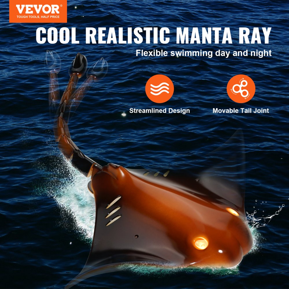 VEVOR Remote Control Manta Ray Toy, 2.4GHz High Simulation Robot Manta Ray with Light, 2 Rechargeable Batteries, for Pool, Bathtub or Lake, Swimming RC Boat Toy for 6+ Year Old Boys and Girls Gift