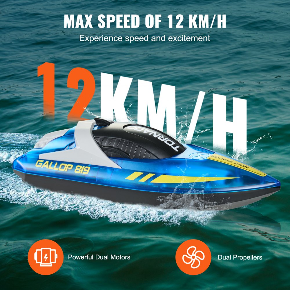 VEVOR RC Boat, 2.4GHz 12 km/h, Remote Control Boat for Pools & Lakes, Racing Boat with LED Light, 2 Rechargeable Batteries, Whole Body Waterproof, Water Play Toy Gift for Adults Boys & Girls, Blue