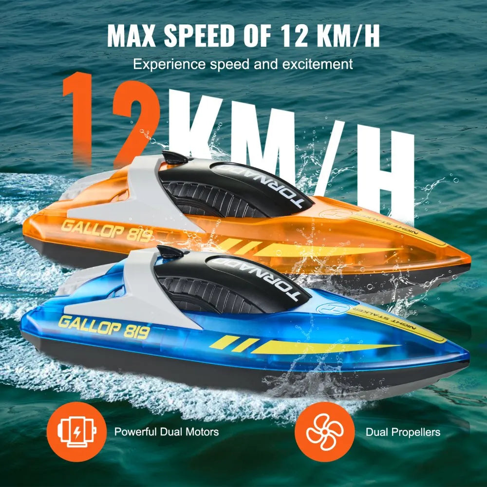 VEVOR RC Boat, 2 Pack 2.4GHz 12 km/h, Remote Control Boat for Pools & Lakes, Racing Boat with LED Light, 4 Rechargeable Batteries, Whole Body Waterproof, Gift for Adults Boys & Girls, Blue & Orange