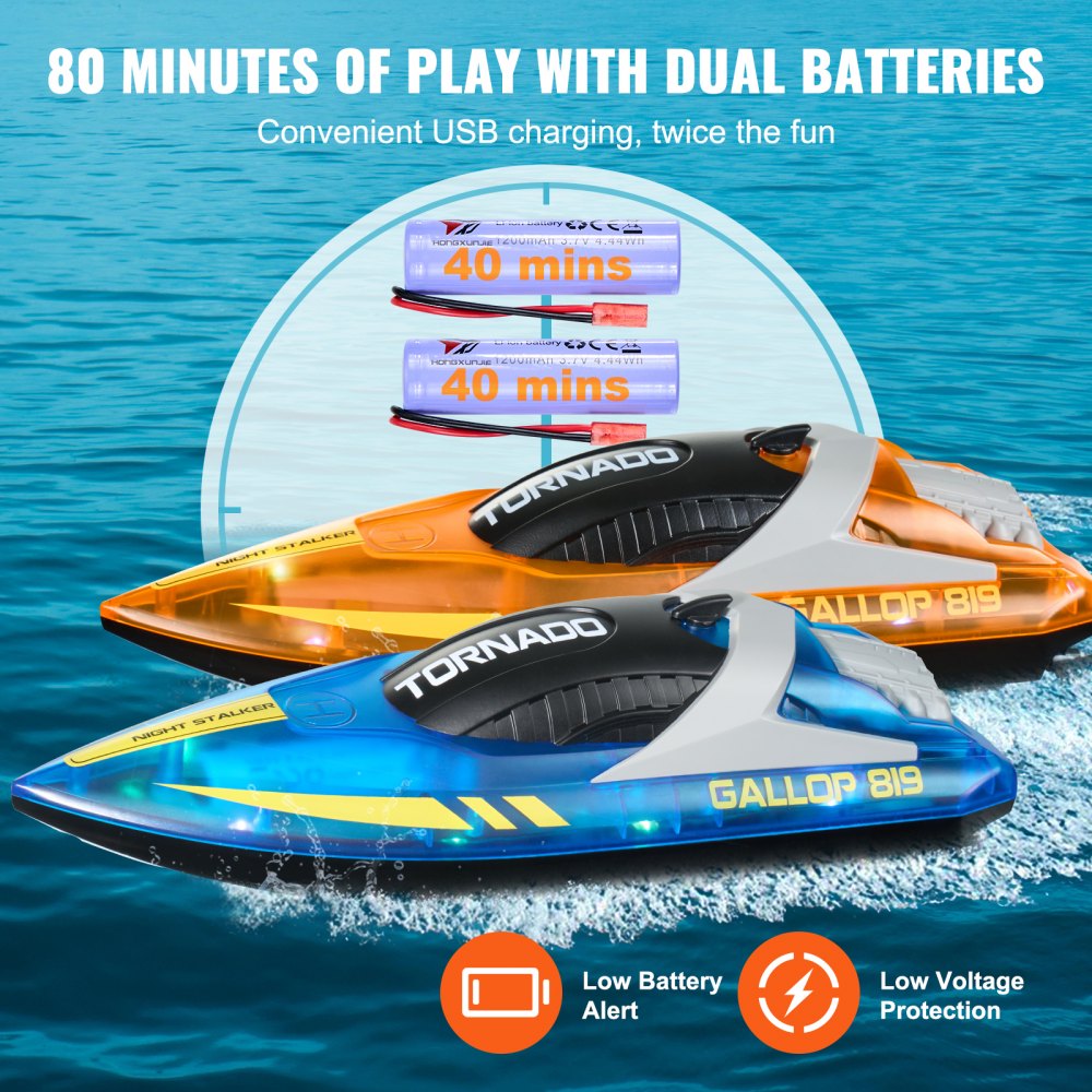 VEVOR RC Boat, 2 Pack 2.4GHz 12 km/h, Remote Control Boat for Pools & Lakes, Racing Boat with LED Light, 4 Rechargeable Batteries, Whole Body Waterproof, Gift for Adults Boys & Girls, Blue & Orange