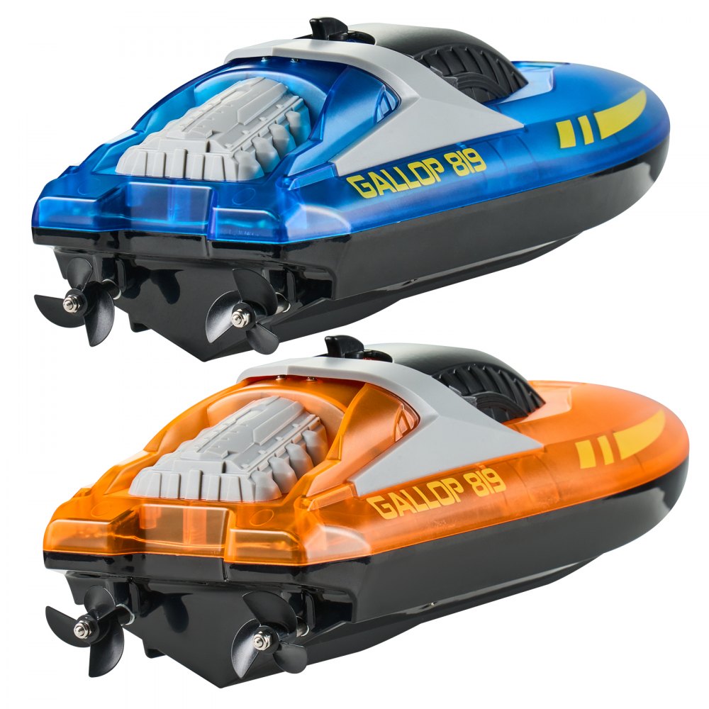 VEVOR RC Boat, 2 Pack 2.4GHz 12 km/h, Remote Control Boat for Pools & Lakes, Racing Boat with LED Light, 4 Rechargeable Batteries, Whole Body Waterproof, Gift for Adults Boys & Girls, Blue & Orange