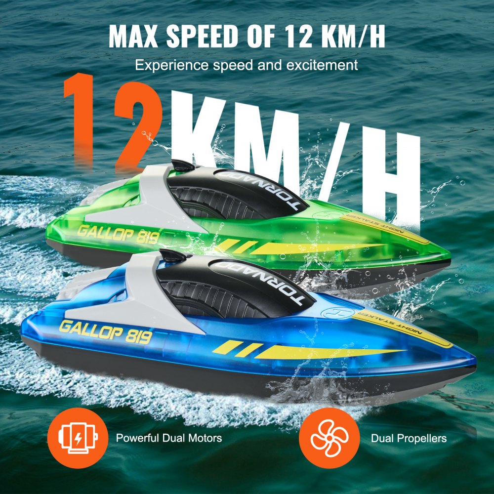 VEVOR RC Boat, 2 Pack 2.4GHz 12 km/h, Remote Control Boat for Pools & Lakes, Racing Boat with LED Light, 4 Rechargeable Batteries, Whole Body Waterproof, Gift for Adults Boys & Girls, Blue & Green