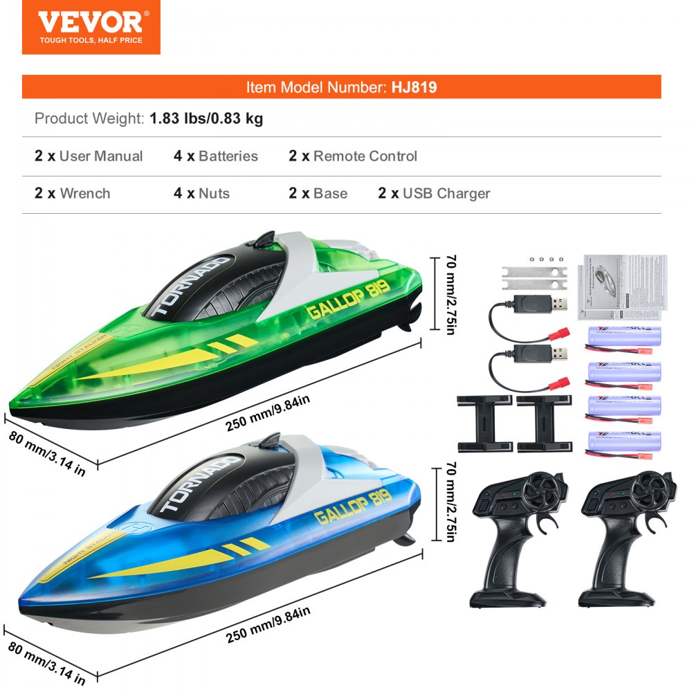 VEVOR RC Boat, 2 Pack 2.4GHz 12 km/h, Remote Control Boat for Pools & Lakes, Racing Boat with LED Light, 4 Rechargeable Batteries, Whole Body Waterproof, Gift for Adults Boys & Girls, Blue & Green